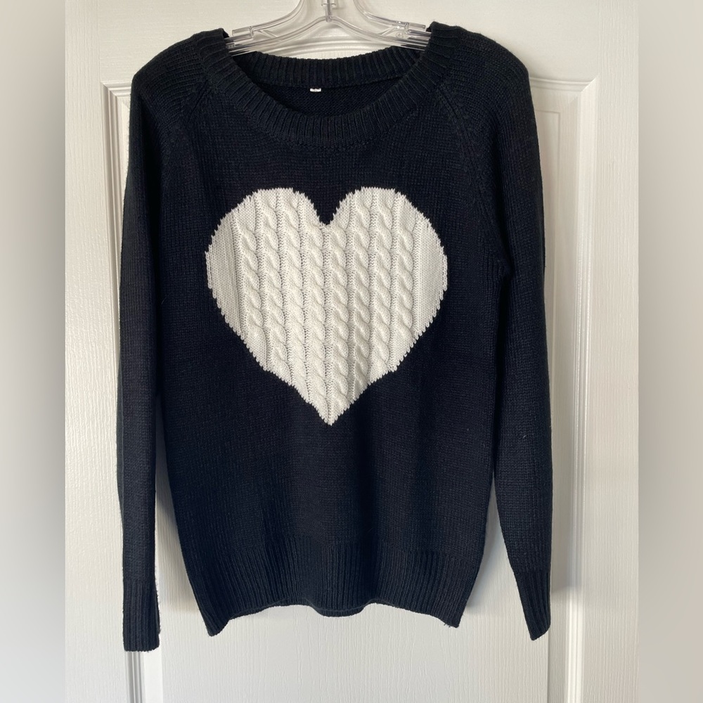 Black Sweater with White Heart Sz S